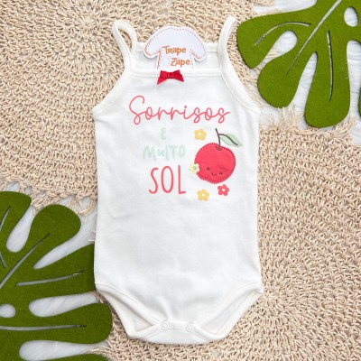 Kit 3 Peças - Bodys Regata Sorrisos e Muito Sol - Off White e Cereja